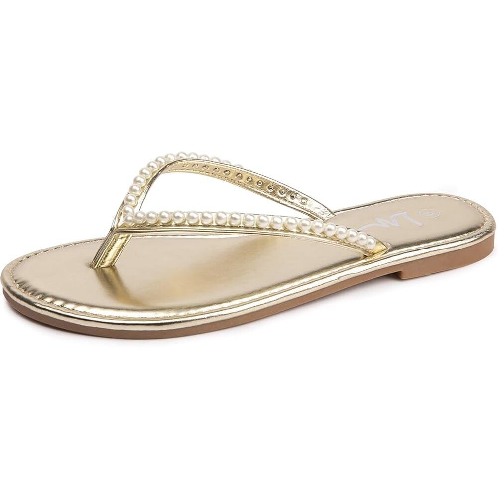 LM Womens Size 7 Shiny Gold Pearl Slide On Dressy Flip Flop Flats Thongs Sandals